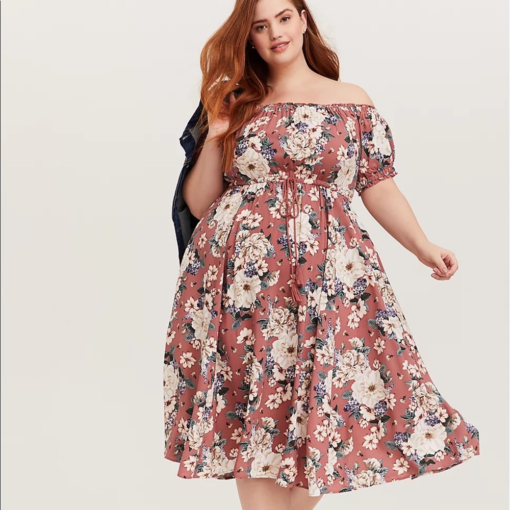 Torrid Floral Challis Off Shoulder Midi Dress Pink